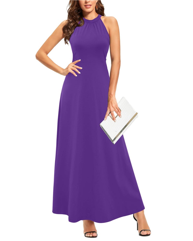 STYLEWORD Women's Summer Halter Neck Long Semi Formal Dress Sexy Sleeveless Cocktail Evening Party Wedding Guest Maxi Dresses(Purple,L) - Image 1